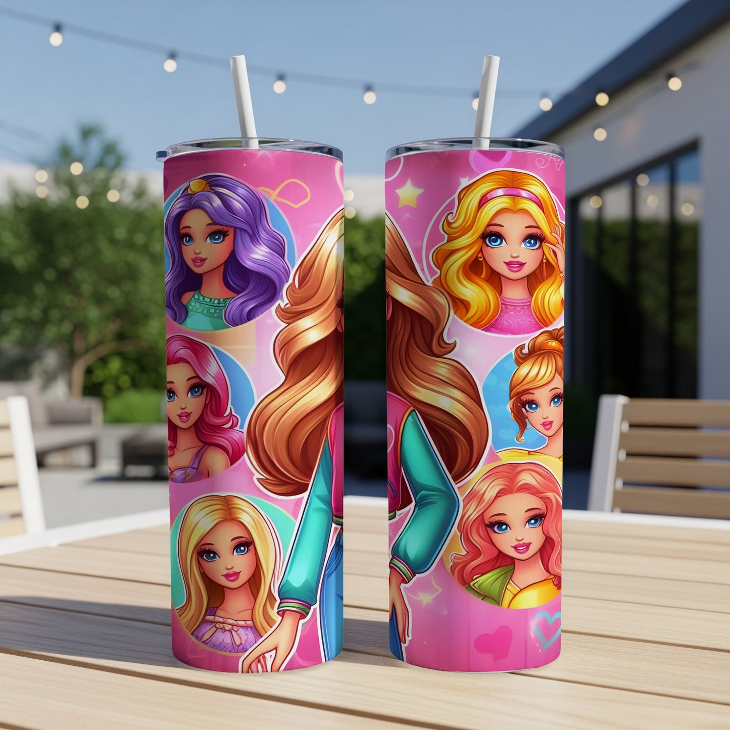 Pink tumblers with cartoon Barbie faces and a star pattern.