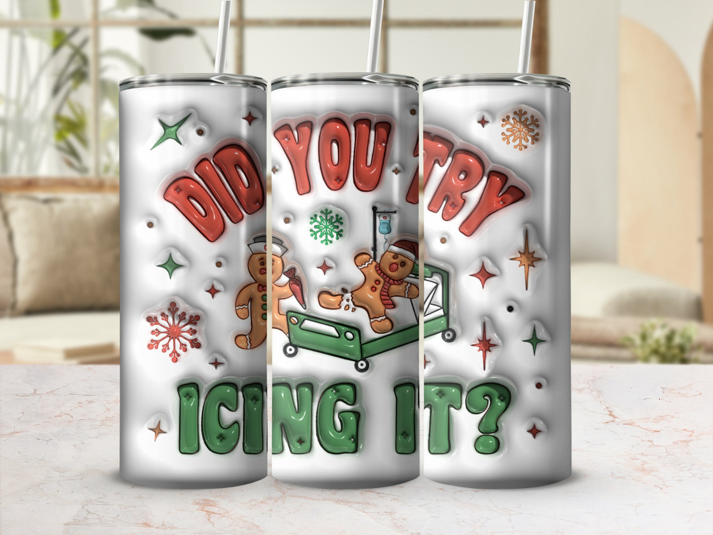 Gingerbread cookies in hospital gowns on a gurney, text "DID YOU TRY ICING IT?".
