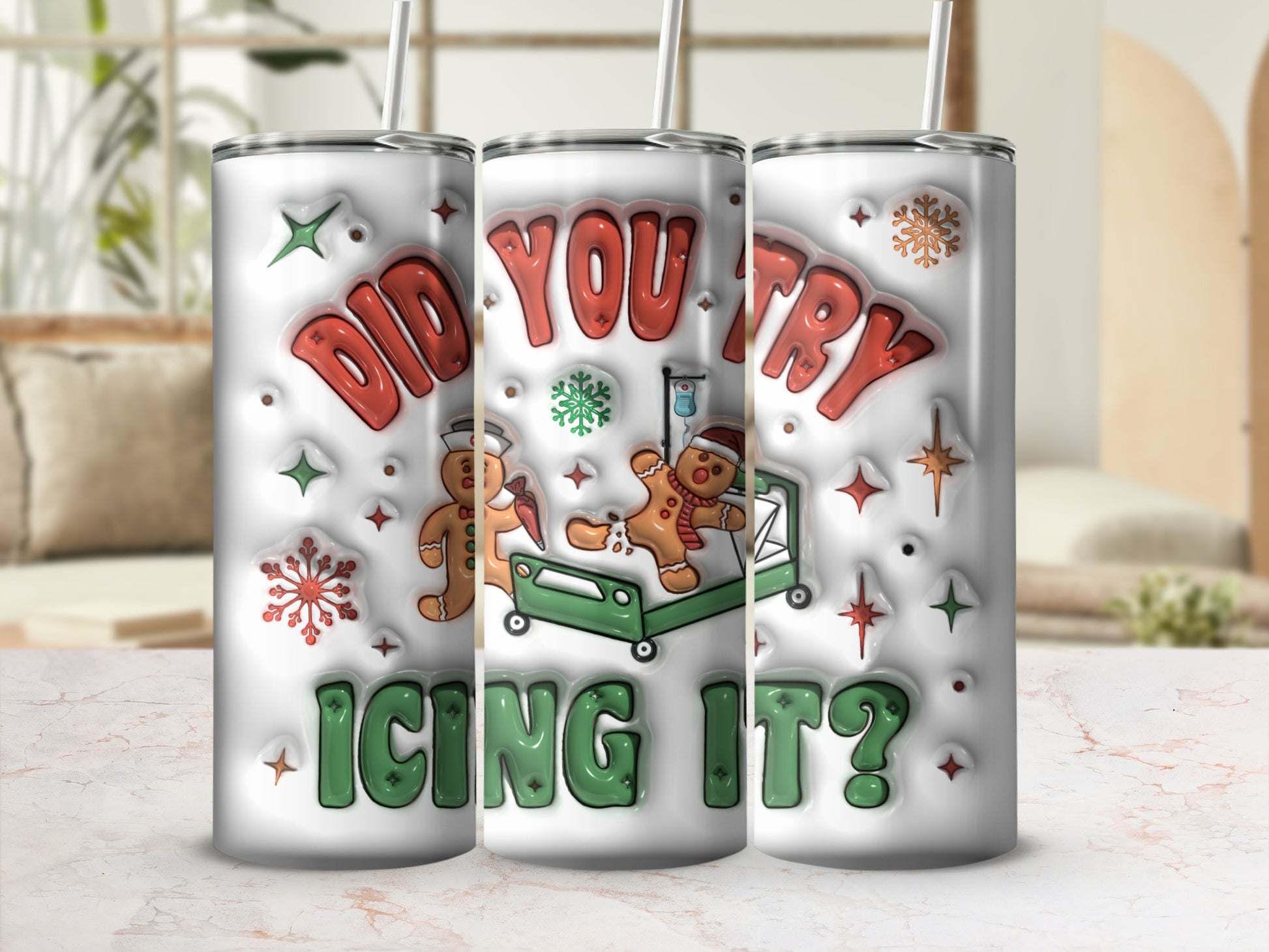 Gingerbread cookies in hospital gowns on a gurney, text "DID YOU TRY ICING IT?".