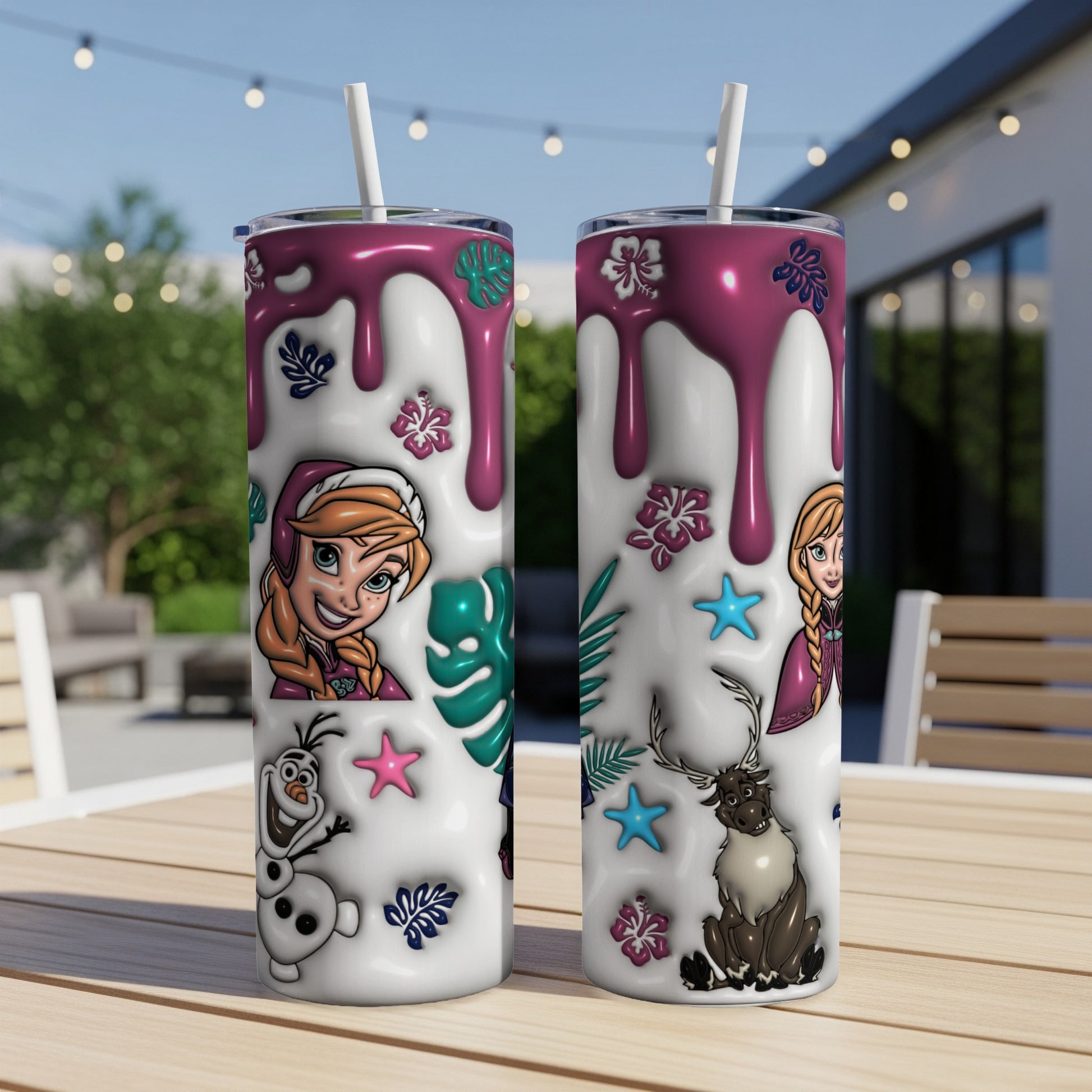 Two tumblers featuring characters from Frozen and floral designs.