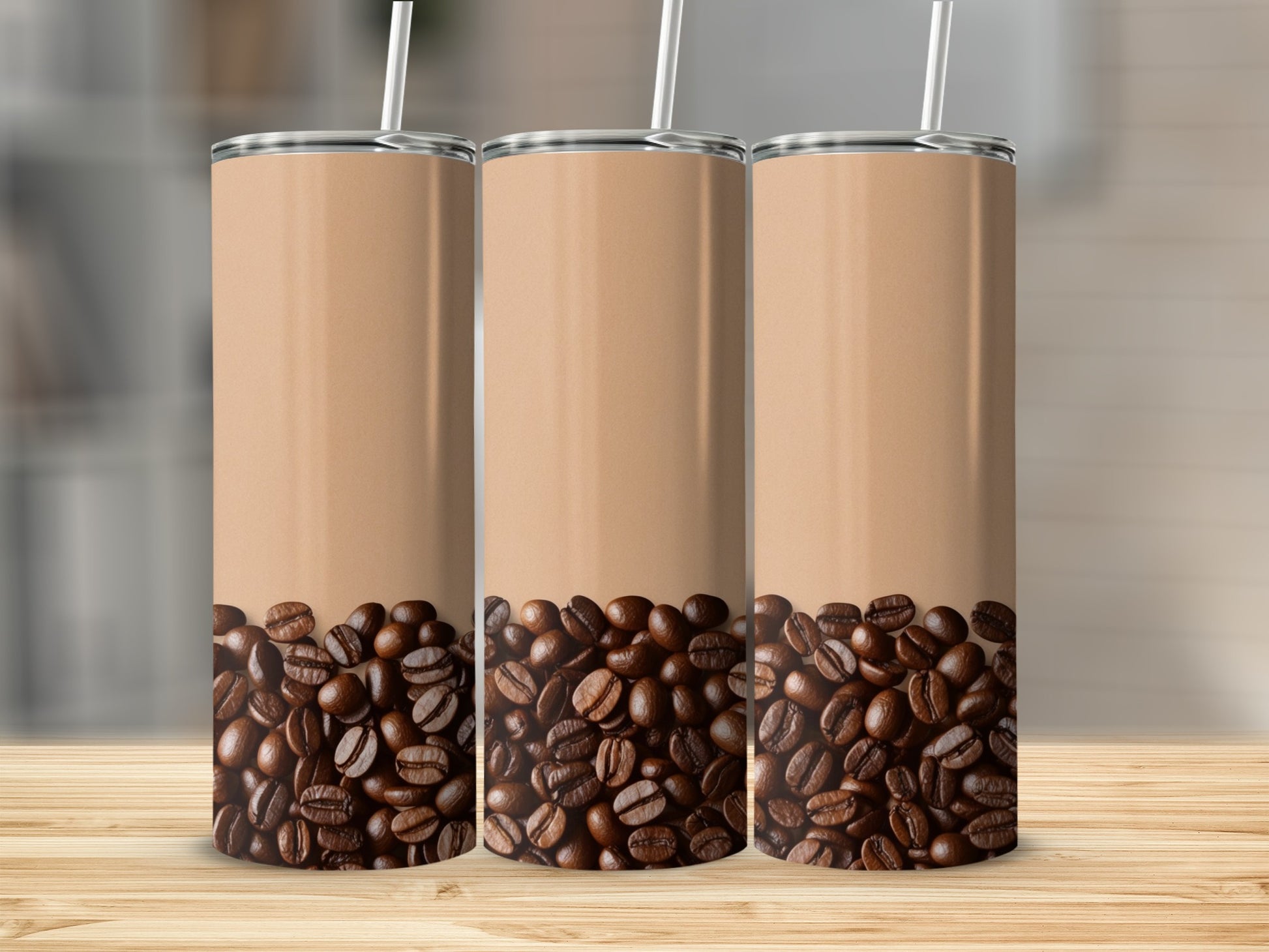 Three tumblers with coffee beans and blank brown tops.