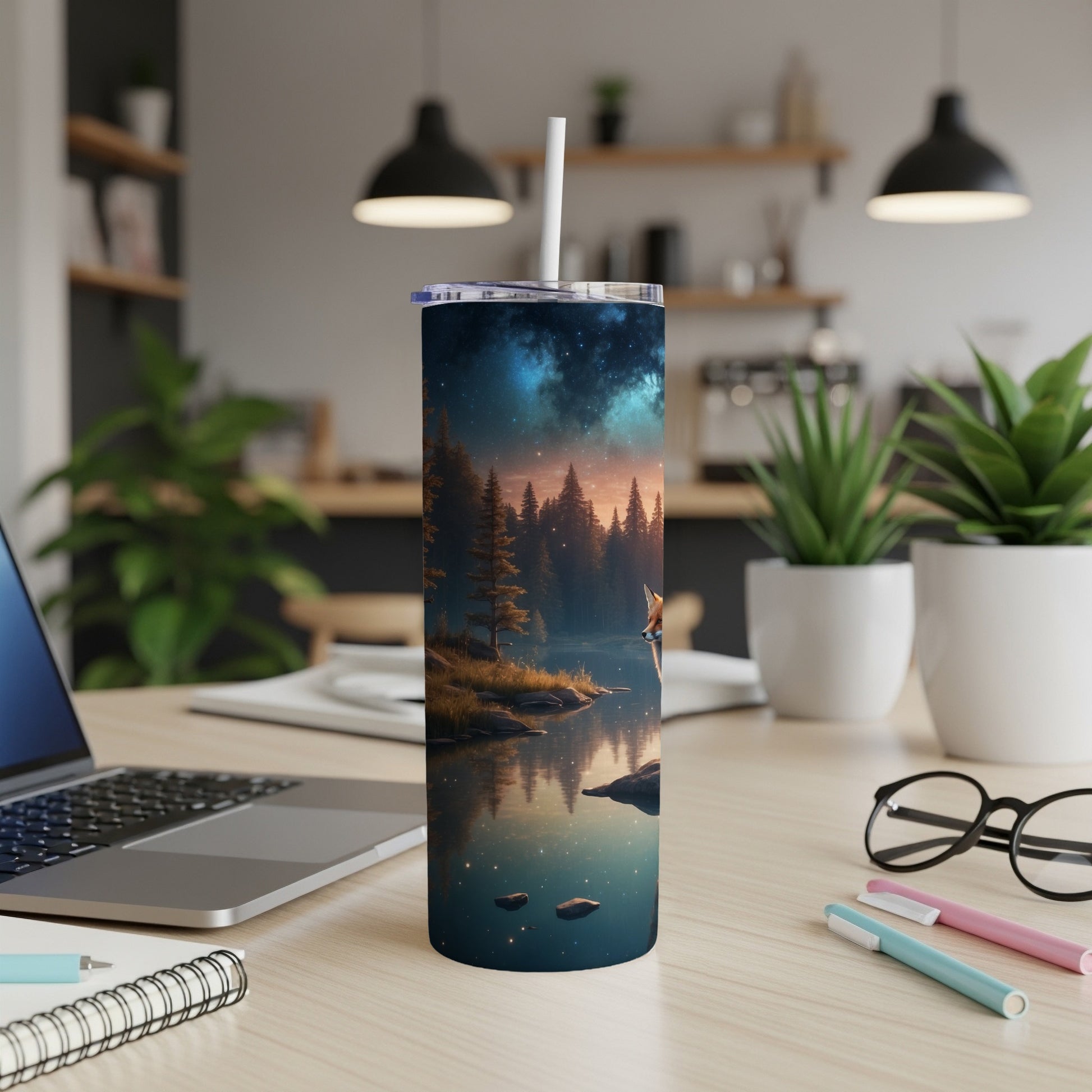 Tumbler with starry night forest scene and fox on a log.