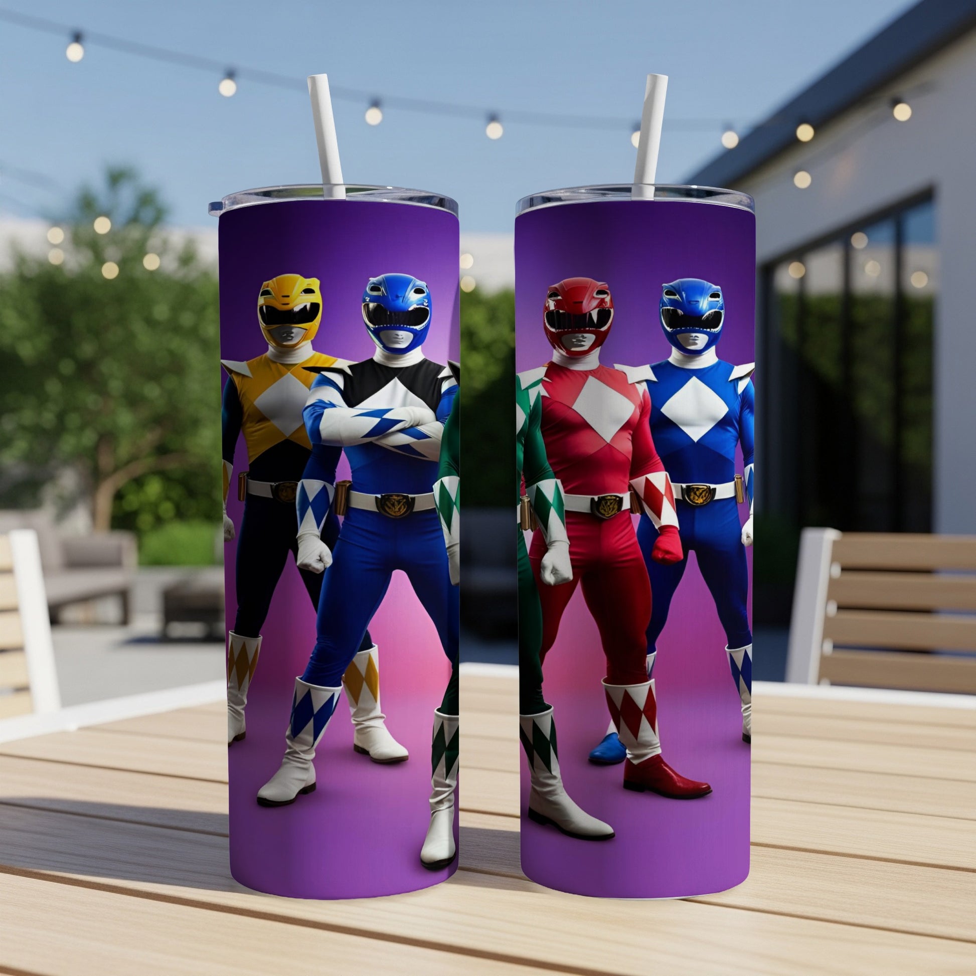 Power Rangers in their iconic suits, standing on a purple background.