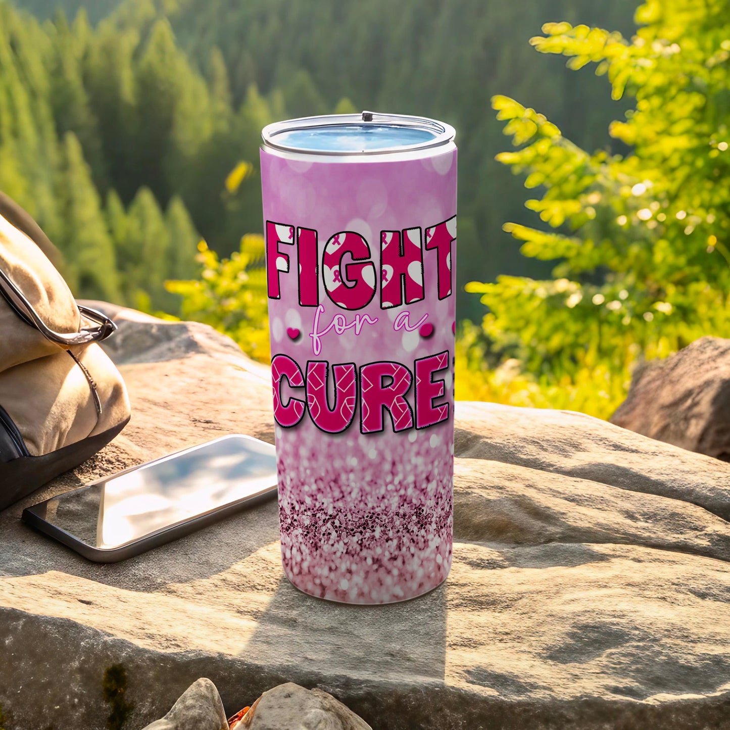 Pink glitter tumbler with "Fight for a Cure" text in bold letters.