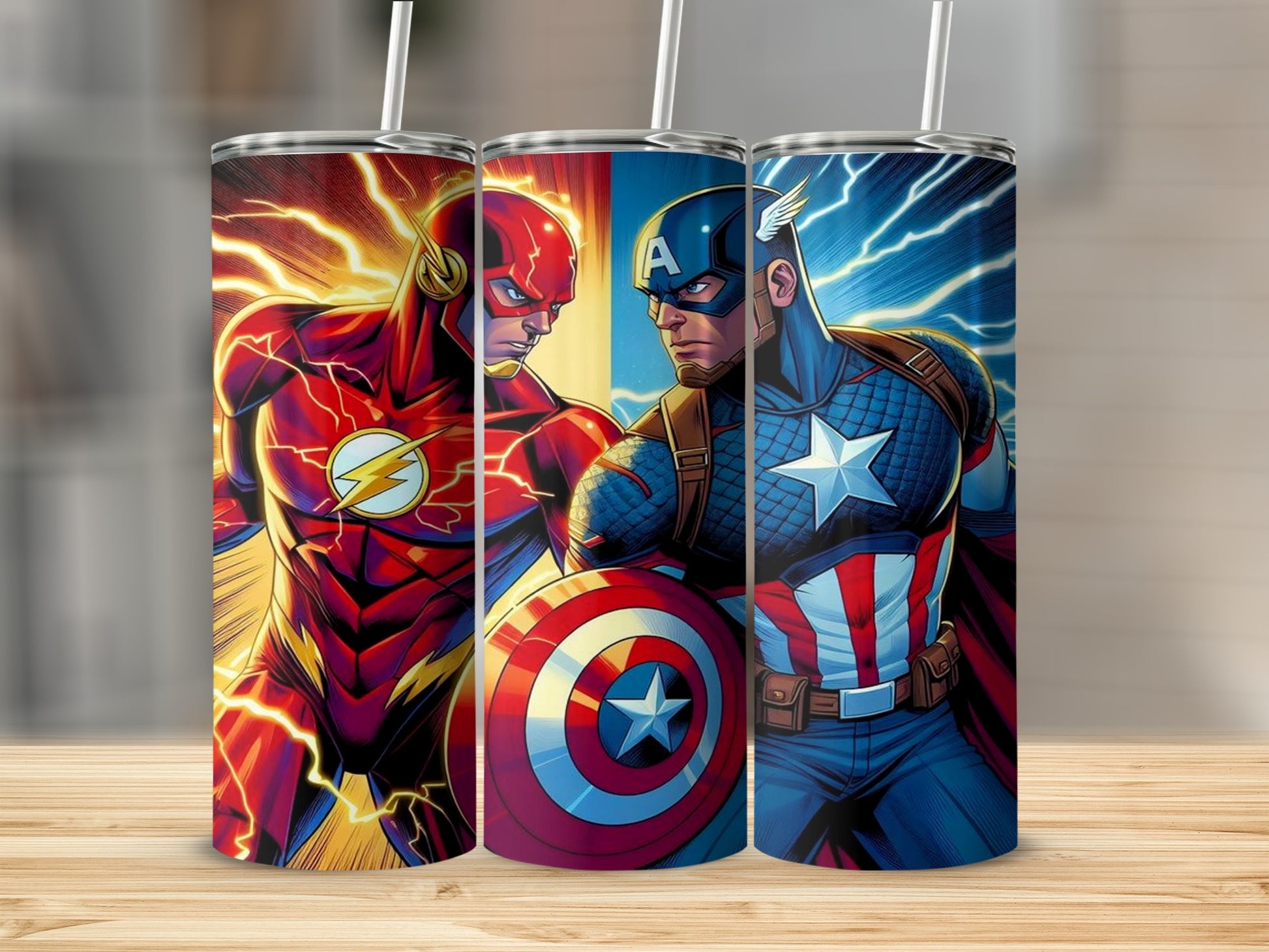 Superhero-themed drink tumblers with vibrant graphics