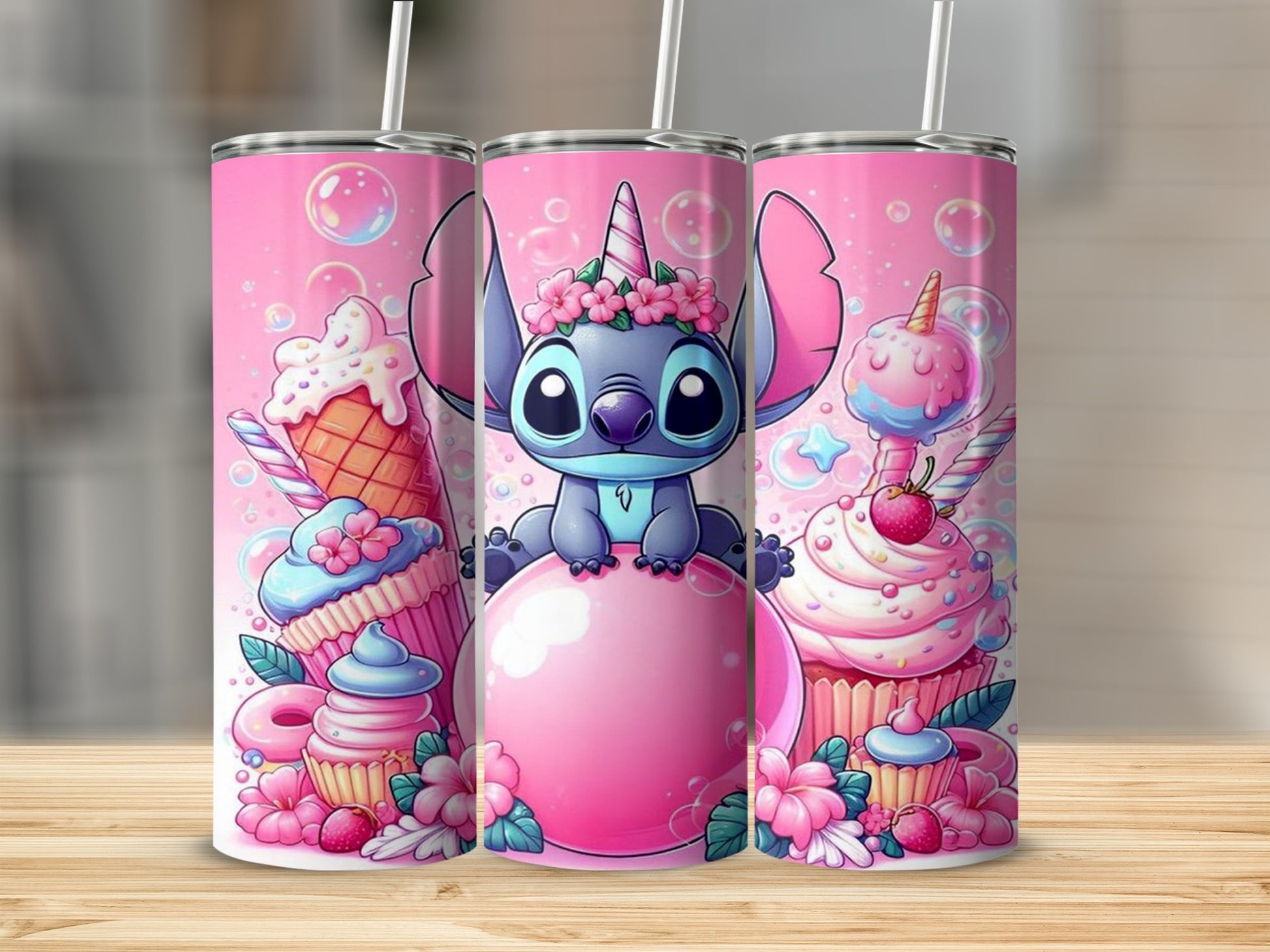 Stitch with cupcakes, donuts, and ice cream cone on pink background.
