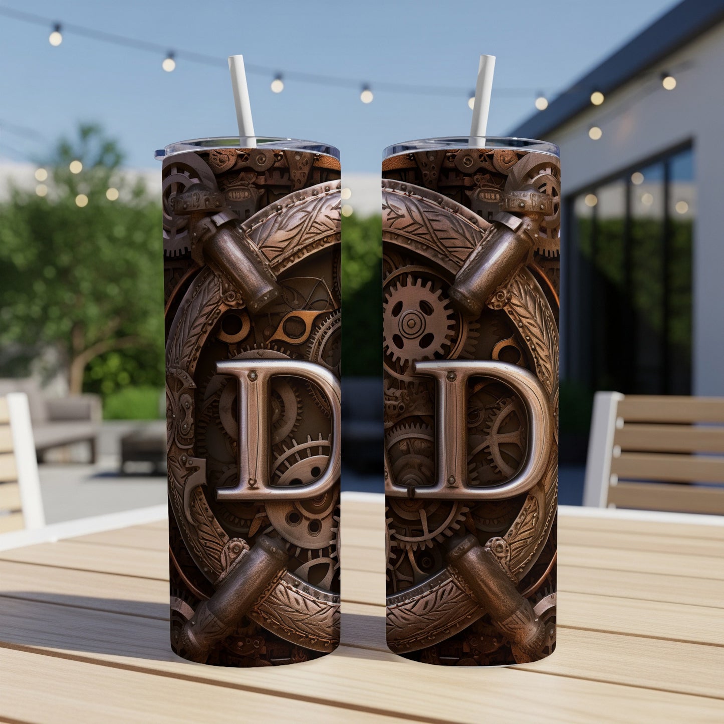 Two tumblers with a steampunk gear design and a silver "D" on each.