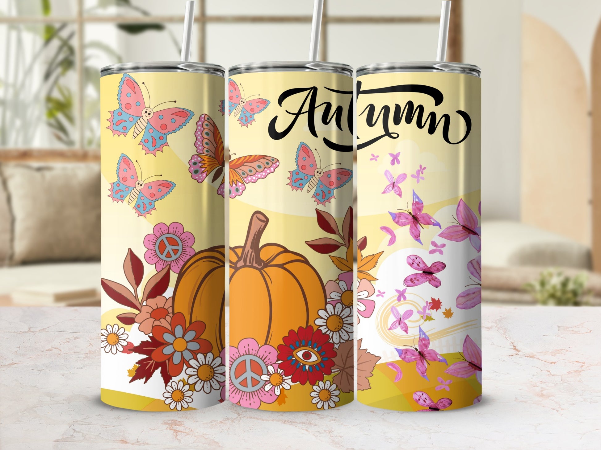 Autumn-Themed Tumbler with Butterflies and Pumpkins