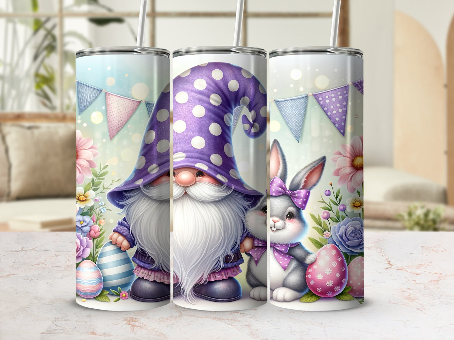 Gnome and bunny with Easter eggs and spring flowers on a tumbler.