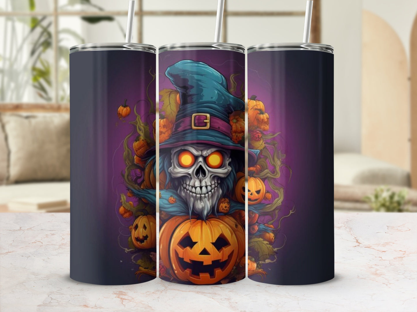 Halloween themed tumblers with skull, pumpkins, and witch hat design.