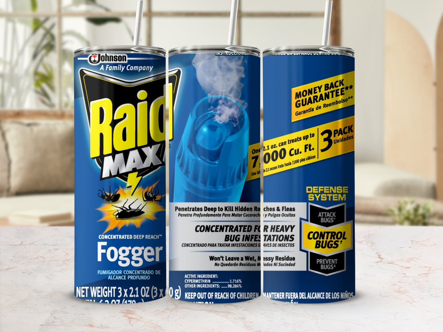 Raid Max fogger can with text detailing deep reach and heavy bug infestation treatment.