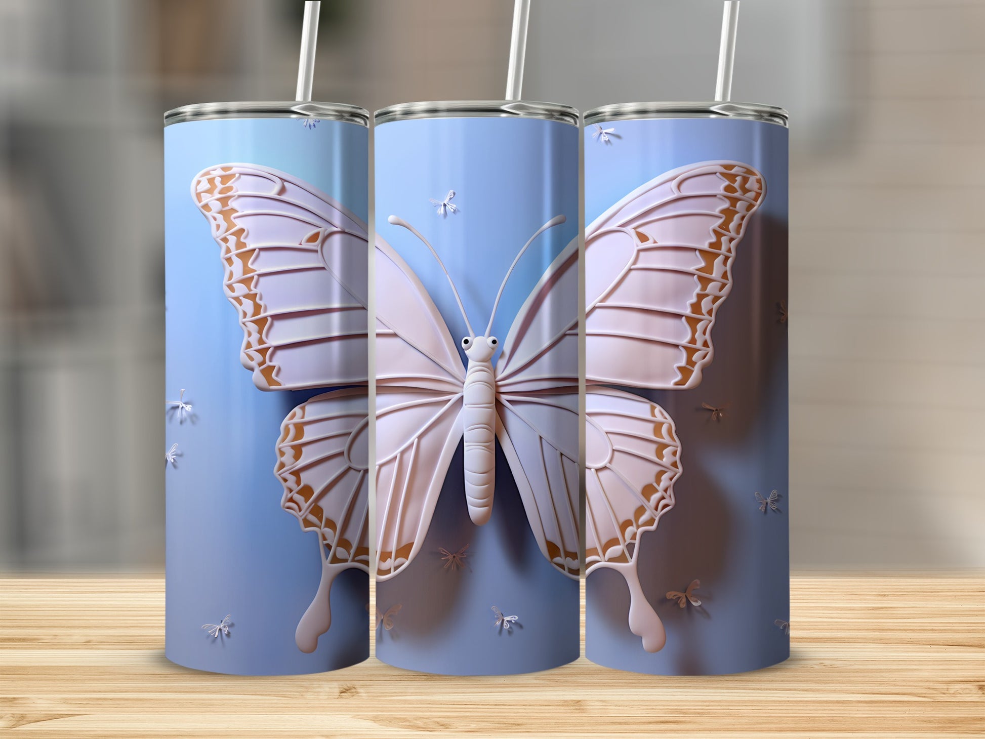 3D pink butterfly tumbler with iridescent accents on blue background.
