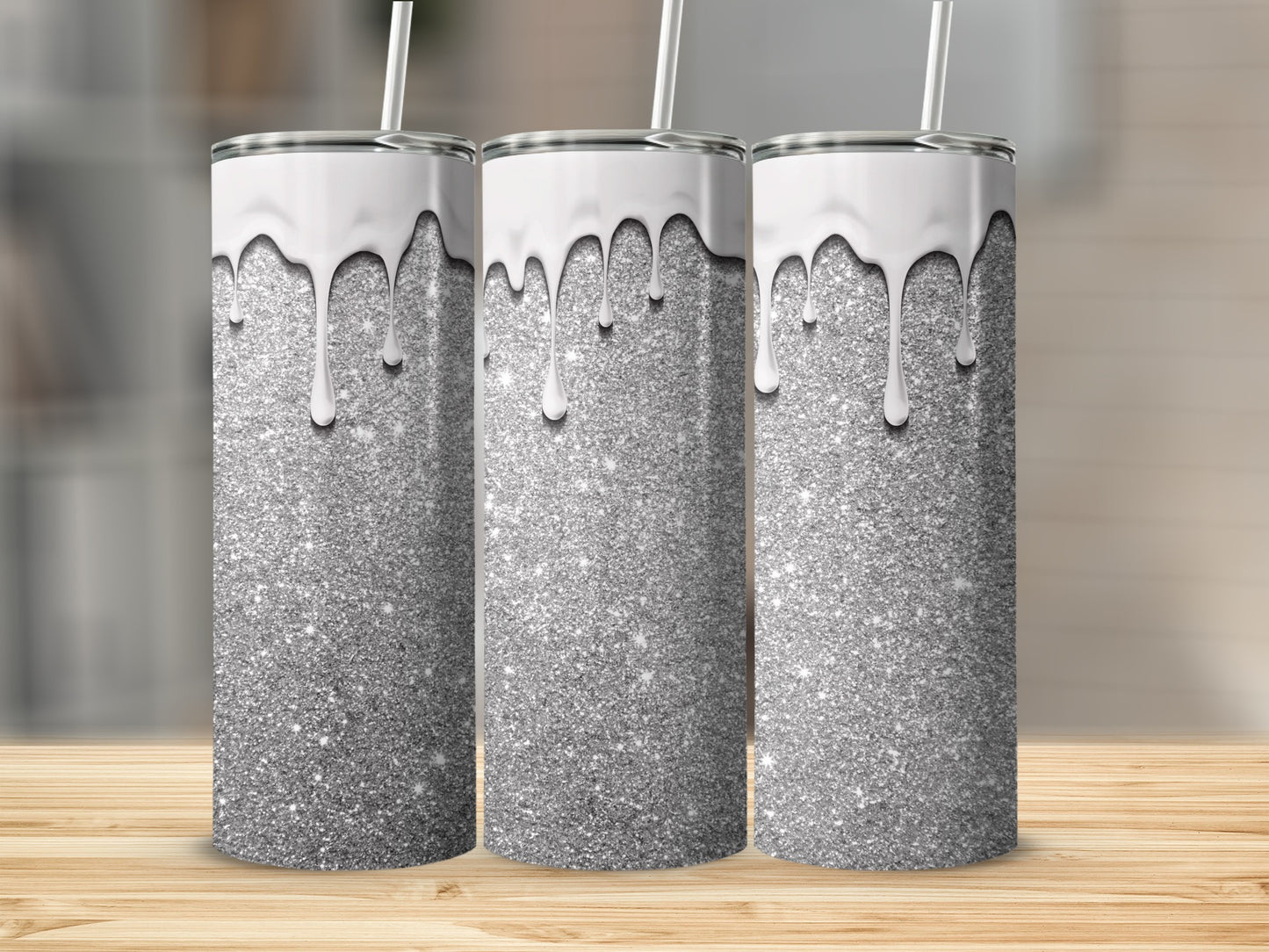 Glittering Silver and White Drip Design Tumbler