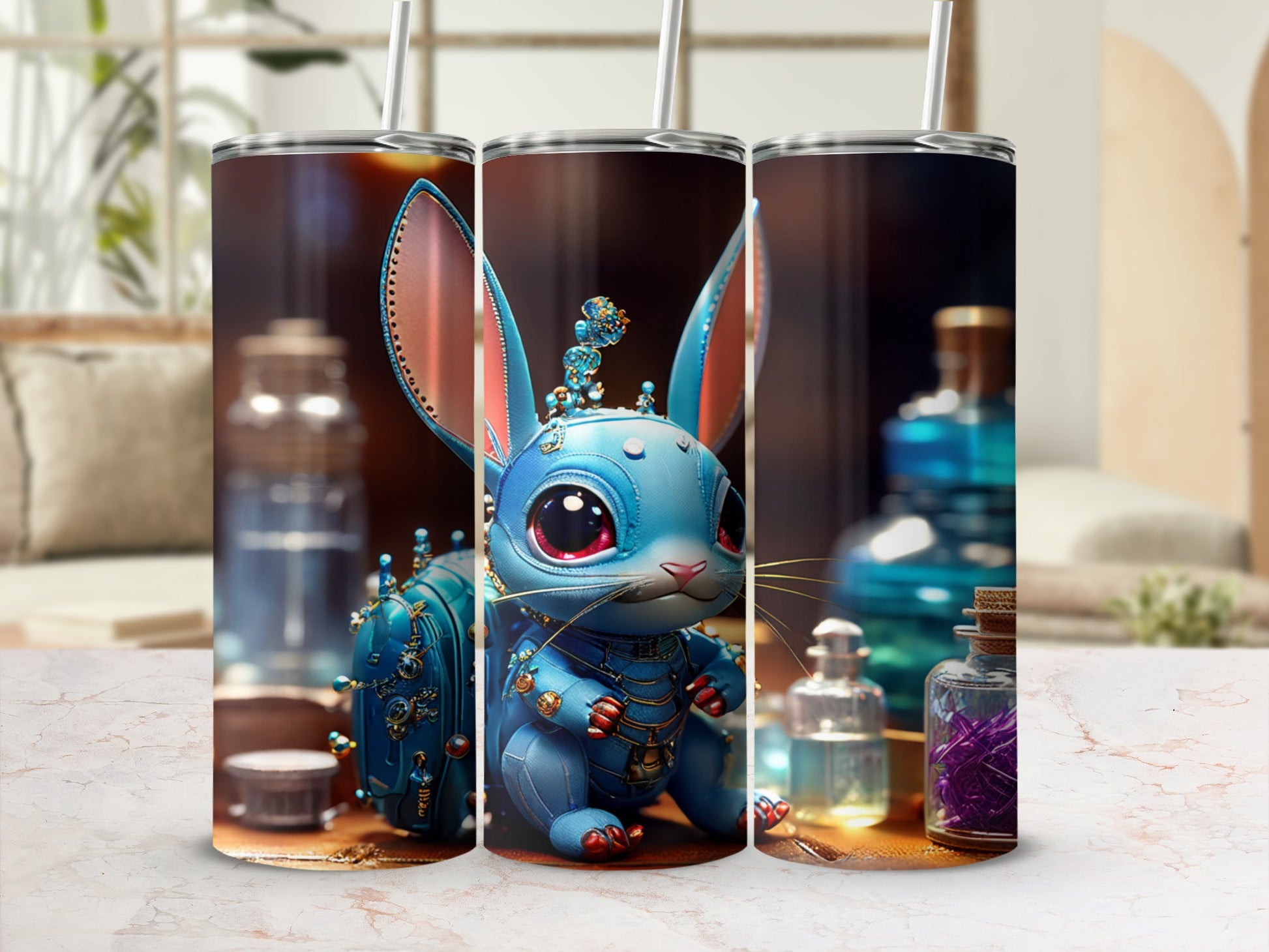 Steampunk blue bunny with gears and bottle decorations on a tumbler.