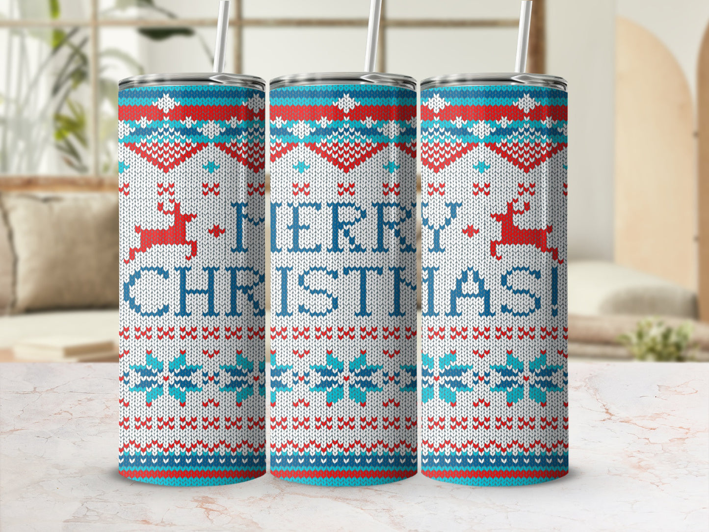 Merry Christmas Knitted Reindeer Snowflake Holiday Tumbler