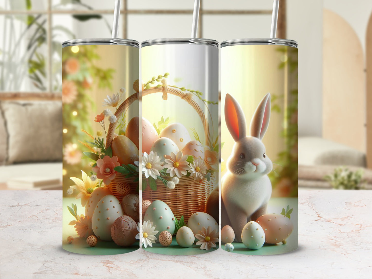 Easter basket with eggs, flowers, and bunny on a marbled surface.