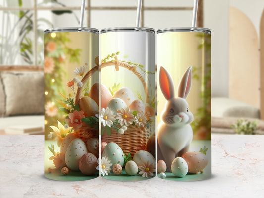 Easter basket with eggs, flowers, and bunny on a marbled surface.