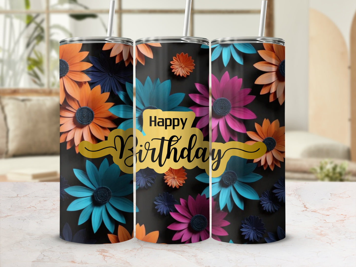 Three tumblers with colorful floral designs and "Happy Birthday" text.