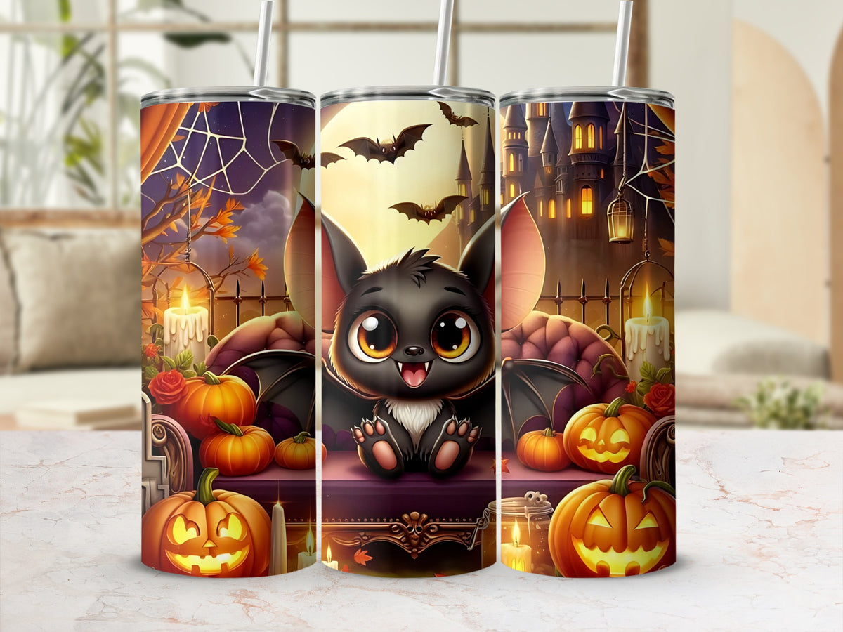 Halloween tumbler with cute bat, pumpkins, bats, and haunted castle design.