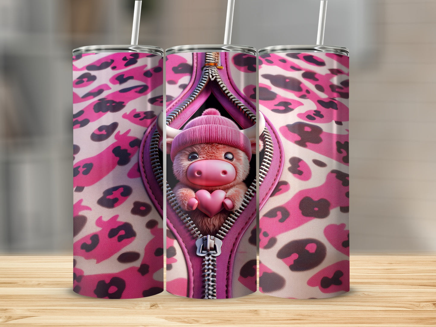 Pink leopard print tumbler with zipper revealing cute cow character.