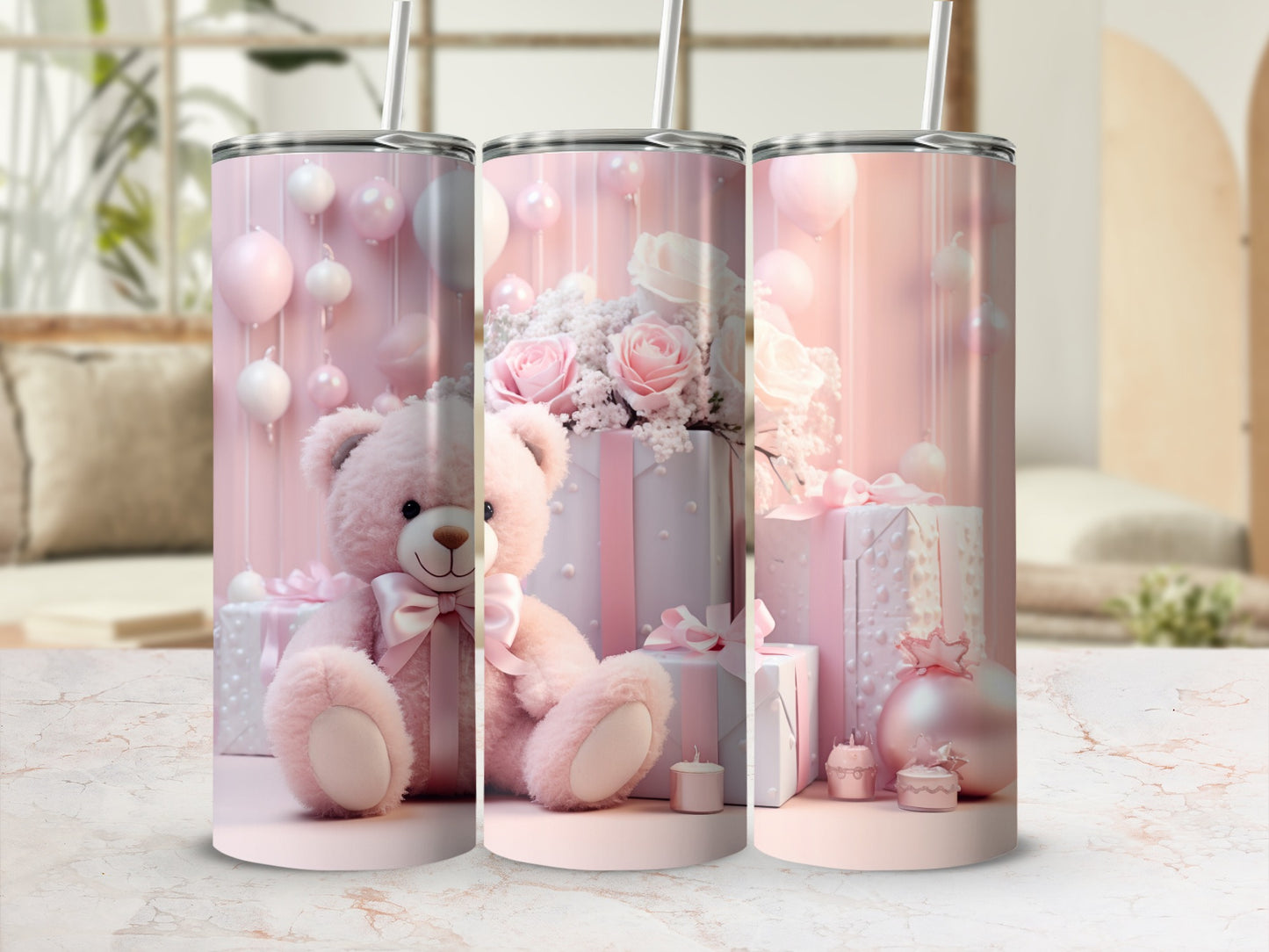 Adorable Pink Teddy Bear with Balloons and Gifts Tumbler