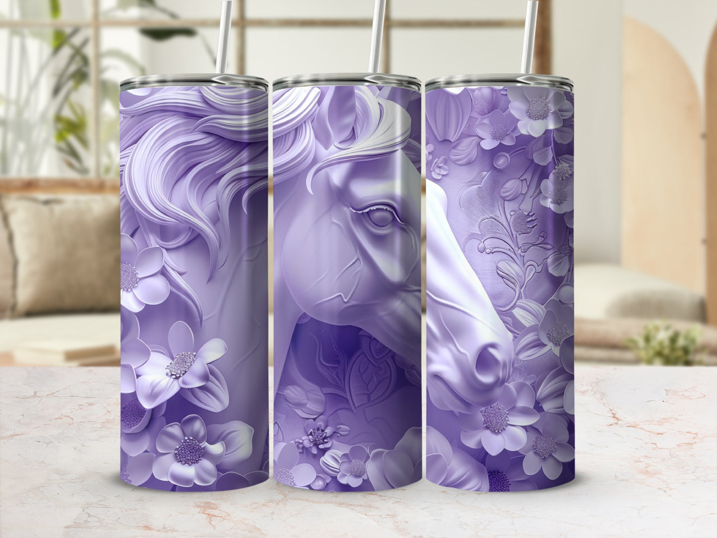 Purple tumbler with embossed horse and floral designs.