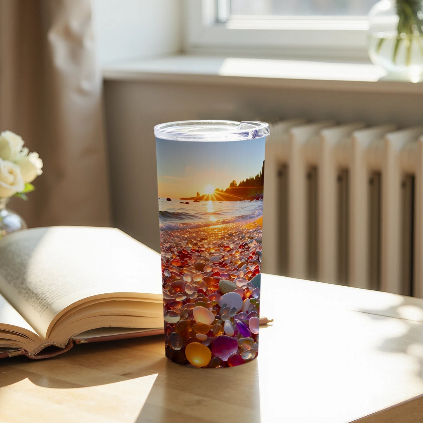 Radiant Sunset Beach Ocean Colorful Pebbles Travel Tumbler product type
Tumbler, Travel tumbler, Sunset design, Beach scene, Ocean view, Colorful pebbles, Sea glass art, Vibrant drinkware, Coastal aesthetic, Golden hour, Waves pattern, Seaside beauty, Unique gift, Summer vibes, Vacation essential, Drink holder, Custom tumbler, Artful design, Nature inspired, Beach pebbles