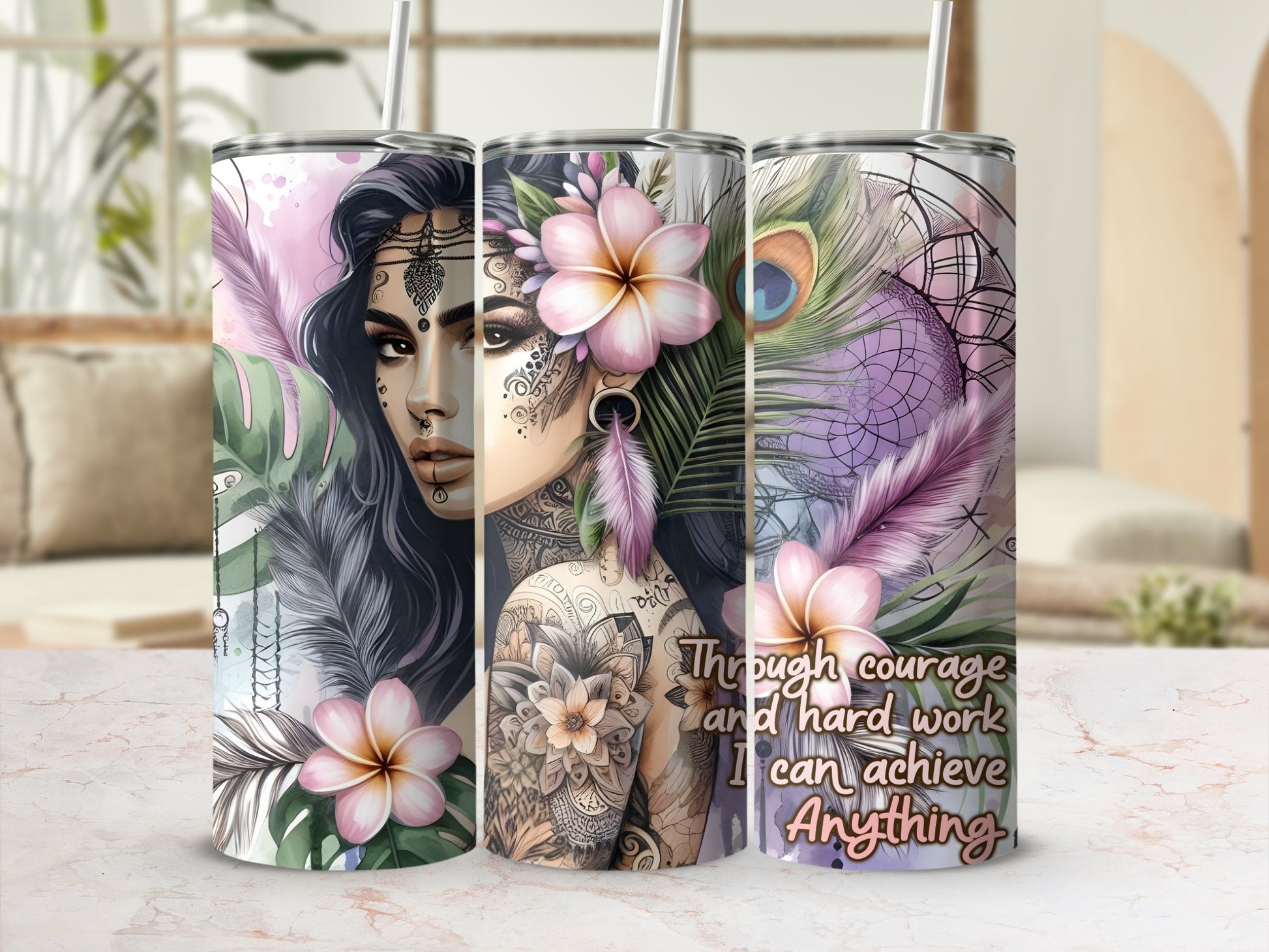 Tattooed woman with flowers and feathers on a tumbler with inspirational quote.