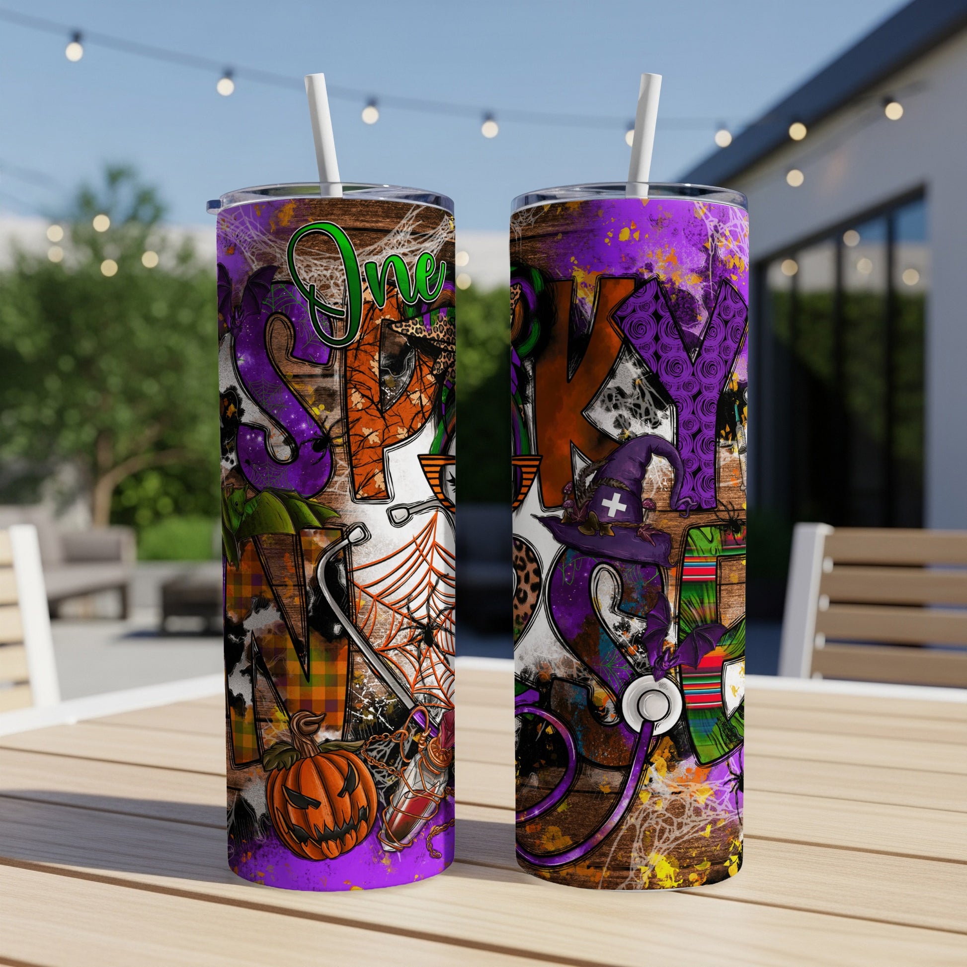 Two purple Halloween-themed tumblers with "Spooky" text, pumpkins, and medical symbols.