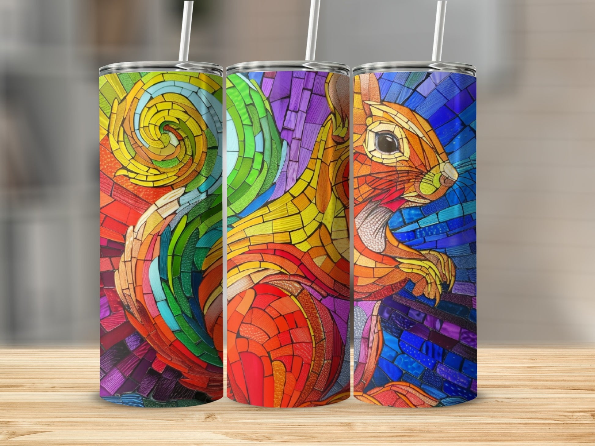 Three tumblers with colorful stained-glass squirrel designs on a wooden surface.