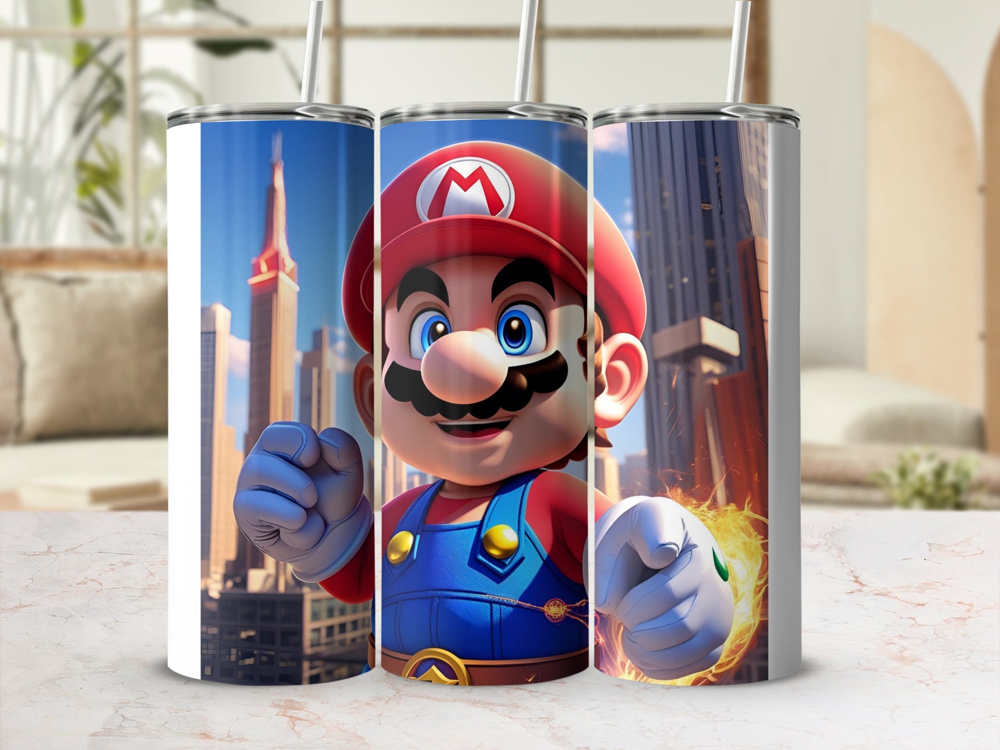 Mario character on a tumbler with cityscape background.