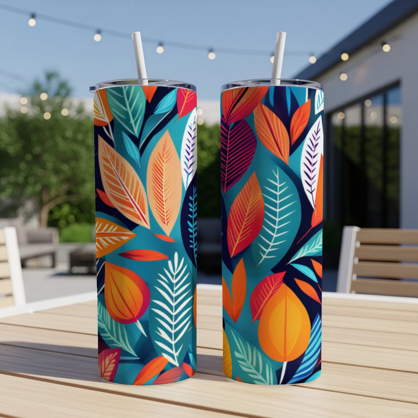 Two tall tumblers with a vibrant tropical leaf pattern, resting on a wooden table outdoors.