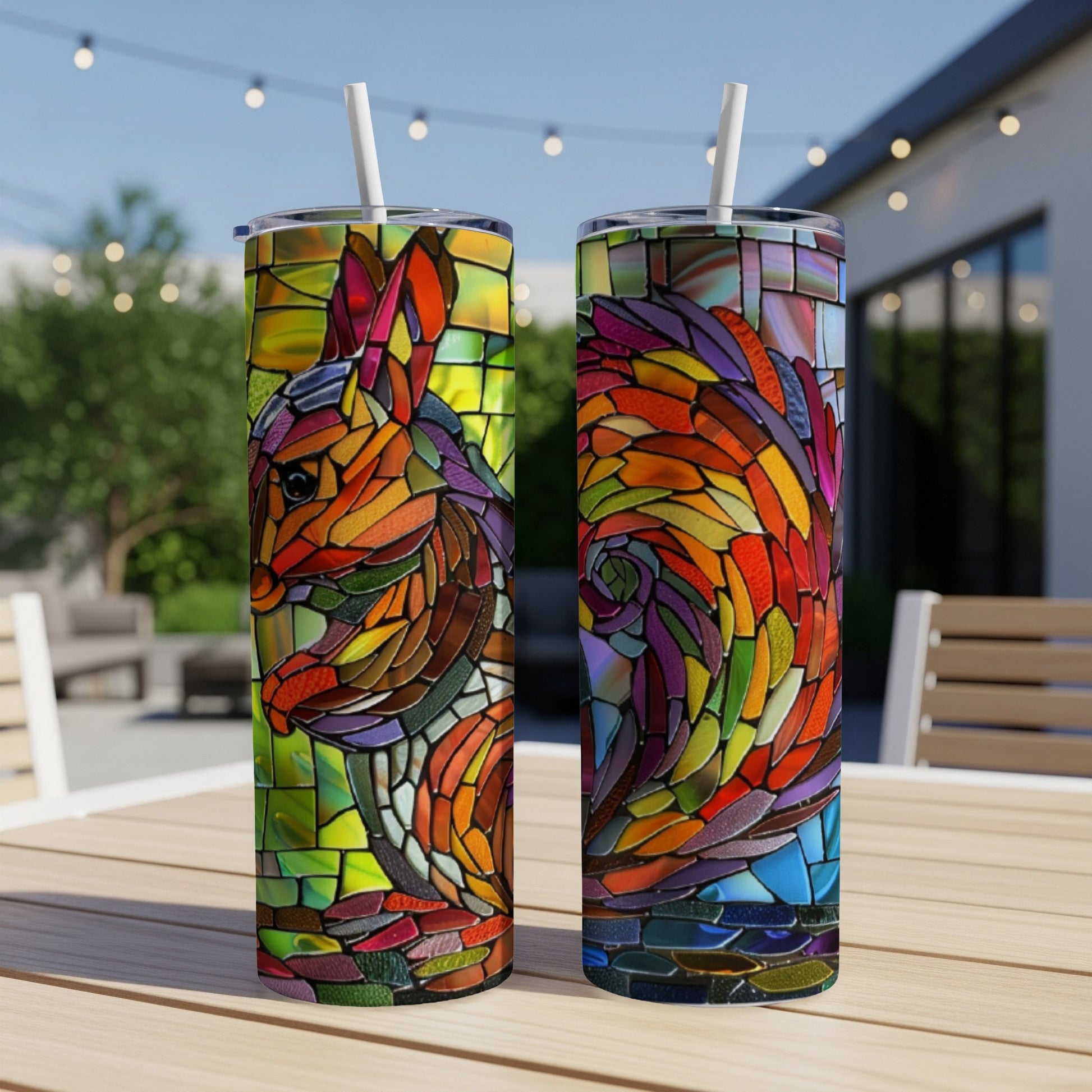Two stained glass tumblers featuring a colorful fox design sit on a table outdoors.