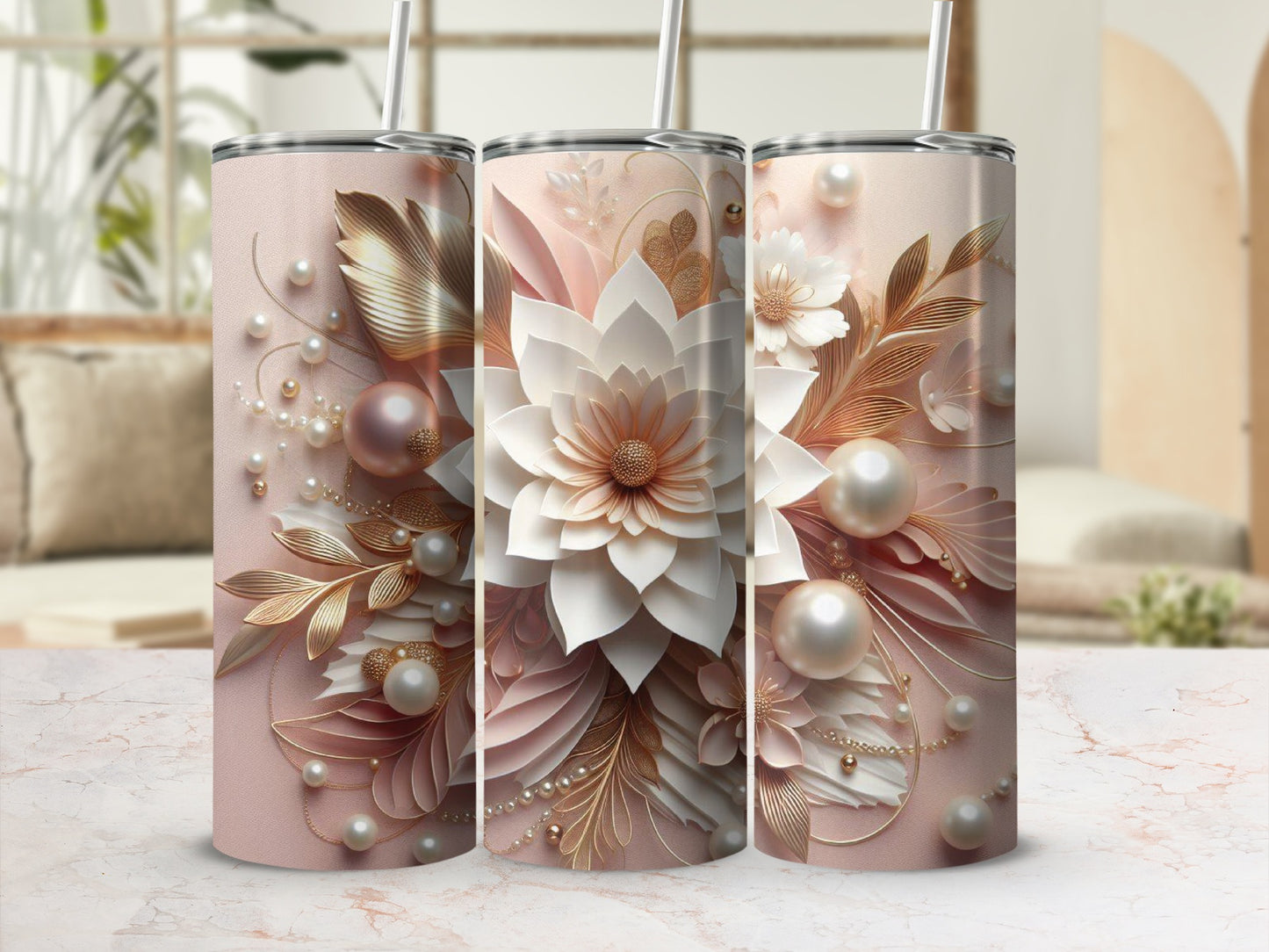 Pink floral tumbler with gold accents and pearl embellishments.