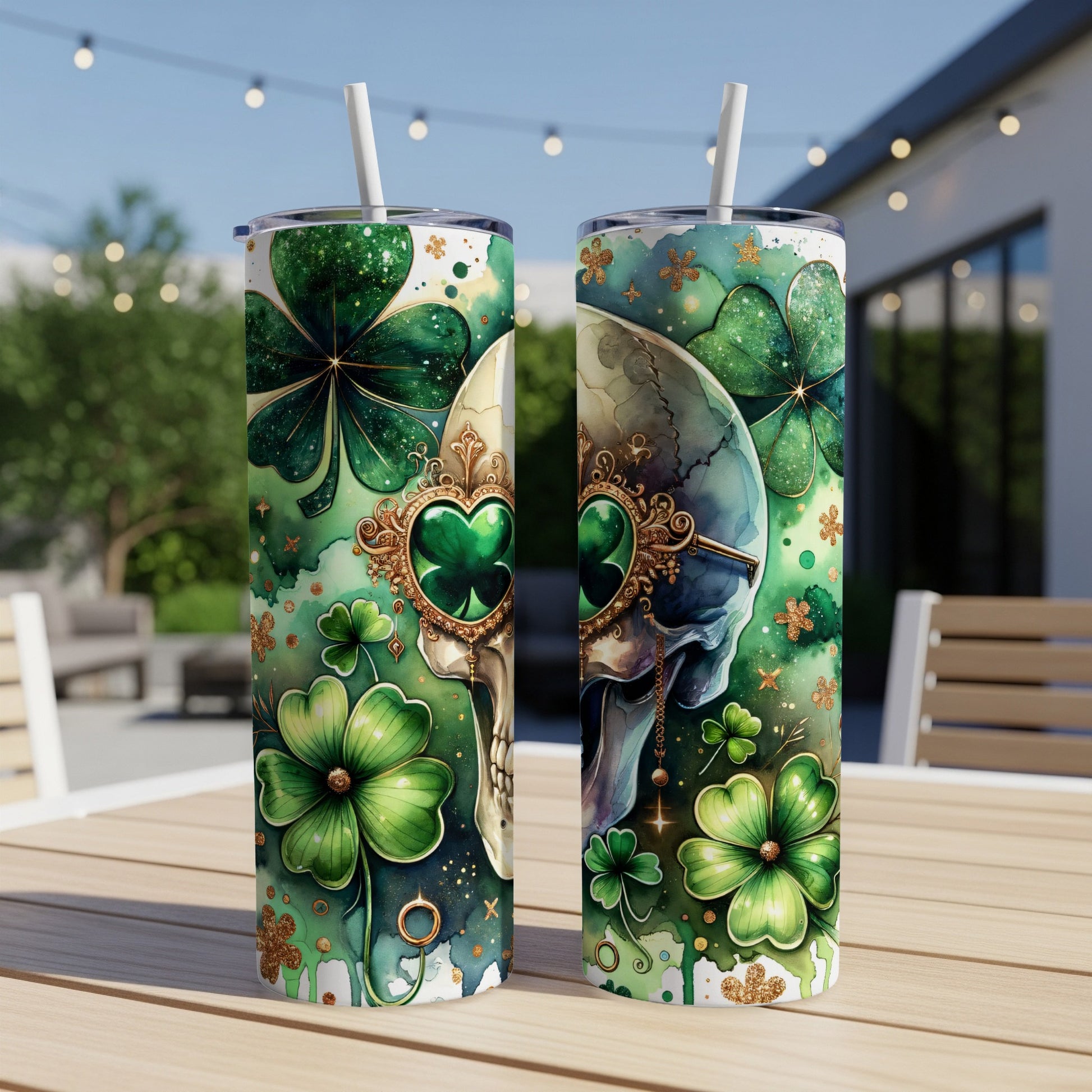 Green shamrocks and a skull with a heart-shaped jewel on a tumbler.