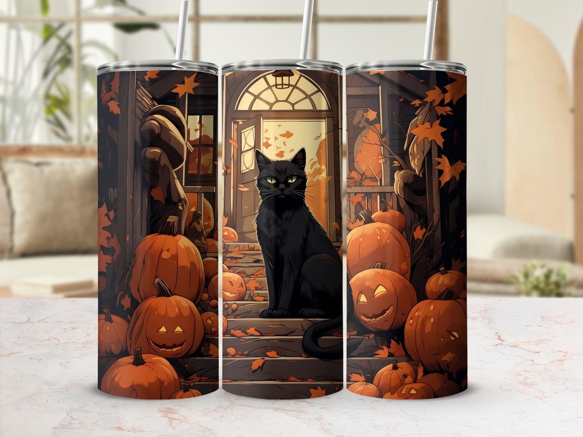 Black cat with green eyes sits on steps surrounded by pumpkins and autumn leaves.