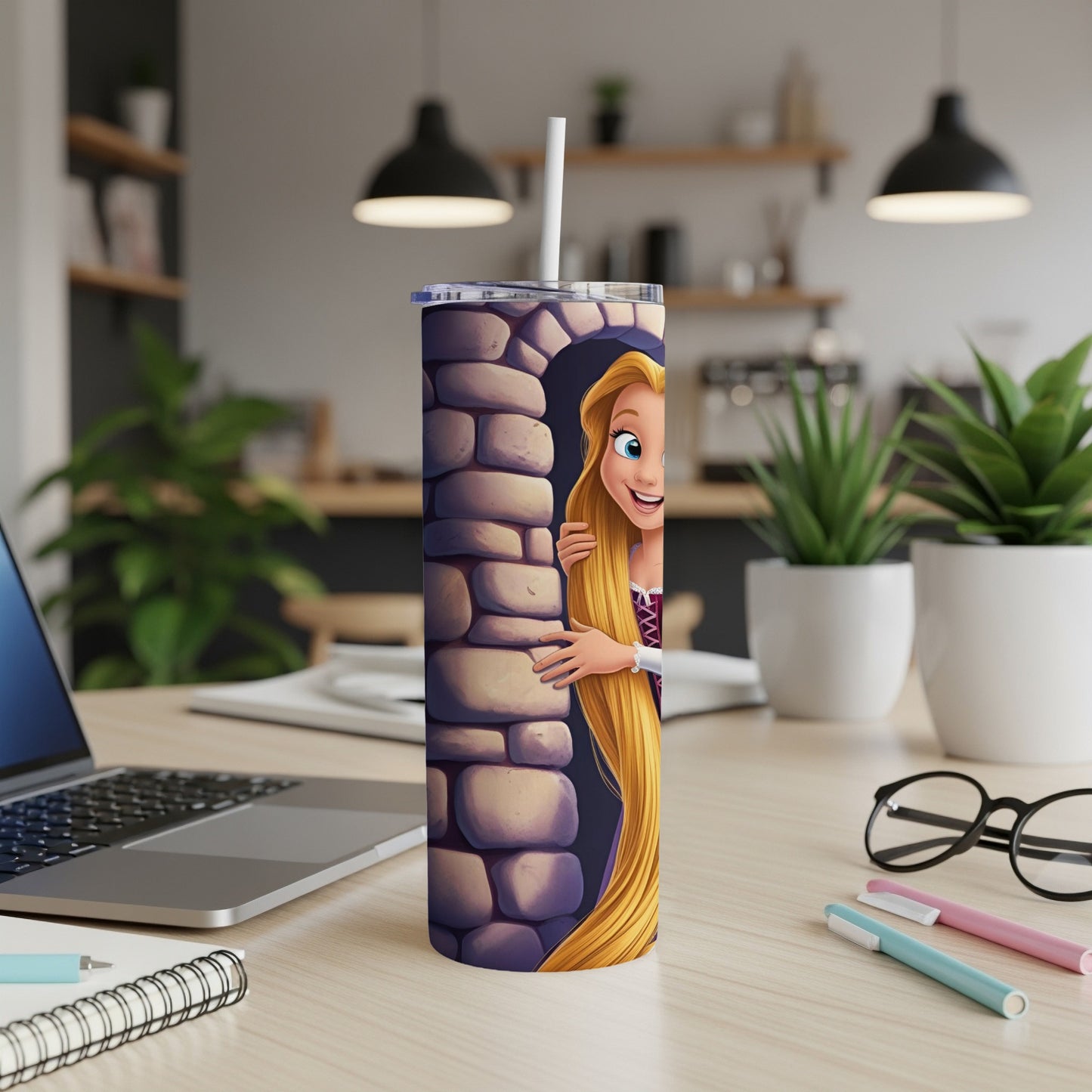 Rapunzel peeking from behind a stone wall on a tumbler.