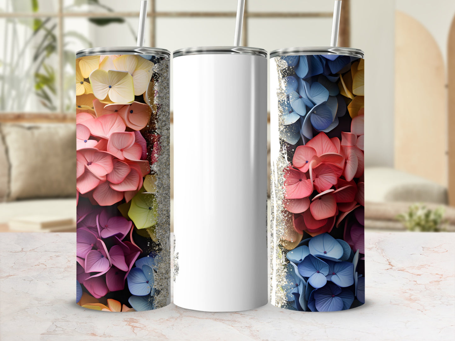 Tall tumbler with colorful floral design and glitter accents.