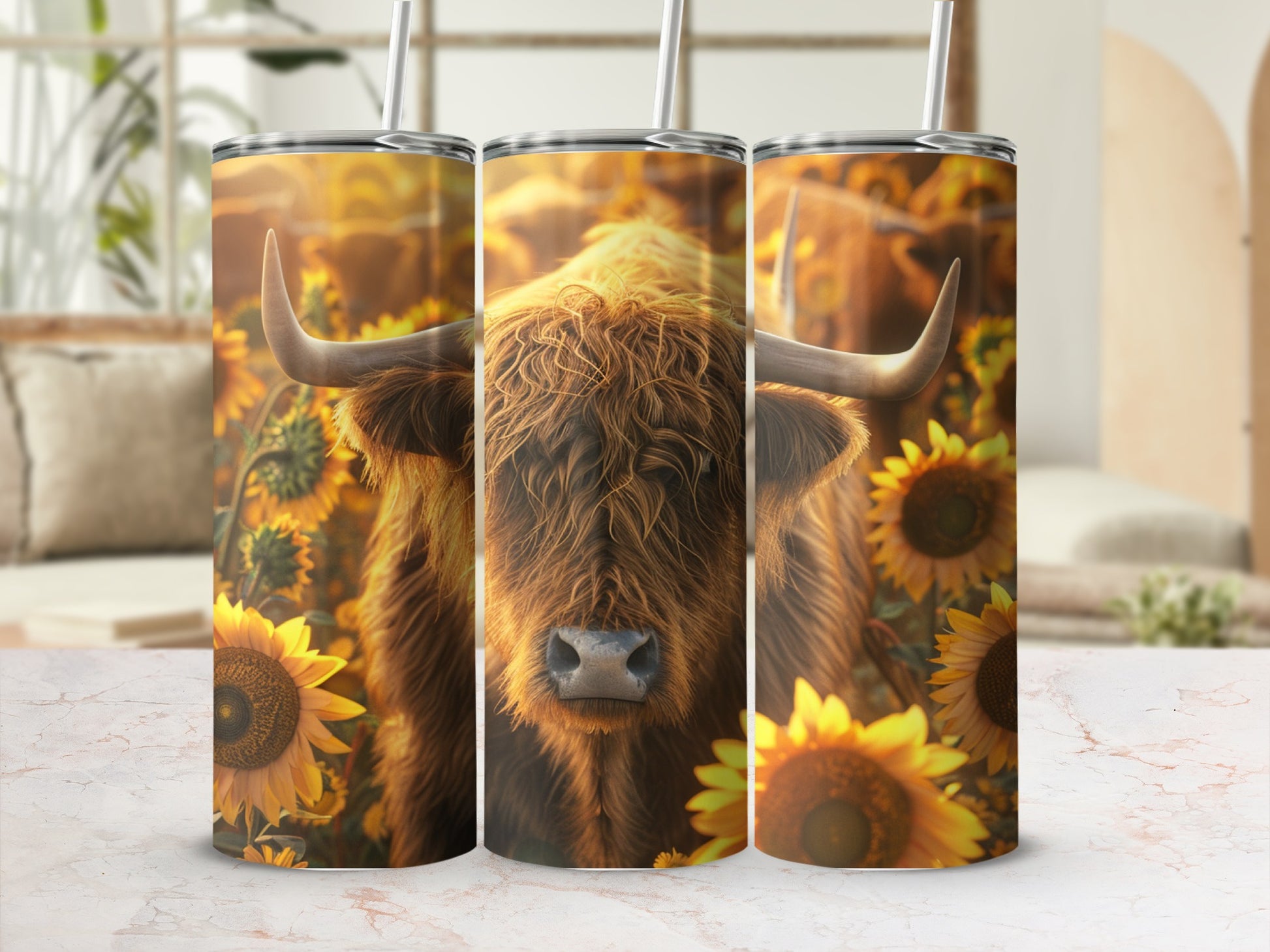 Highland cow with sunflowers on a tumbler.
