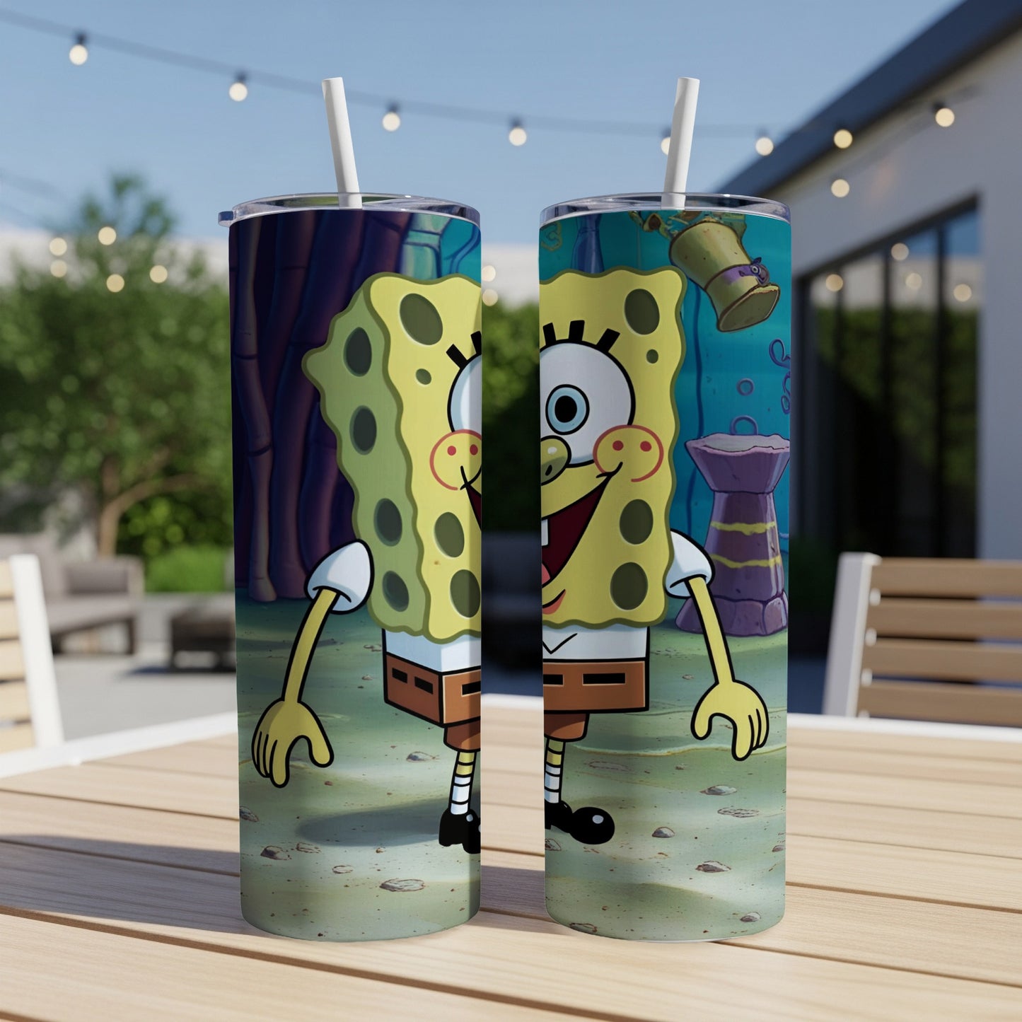 SpongeBob SquarePants cartoon character on a blue tumbler with a straw.