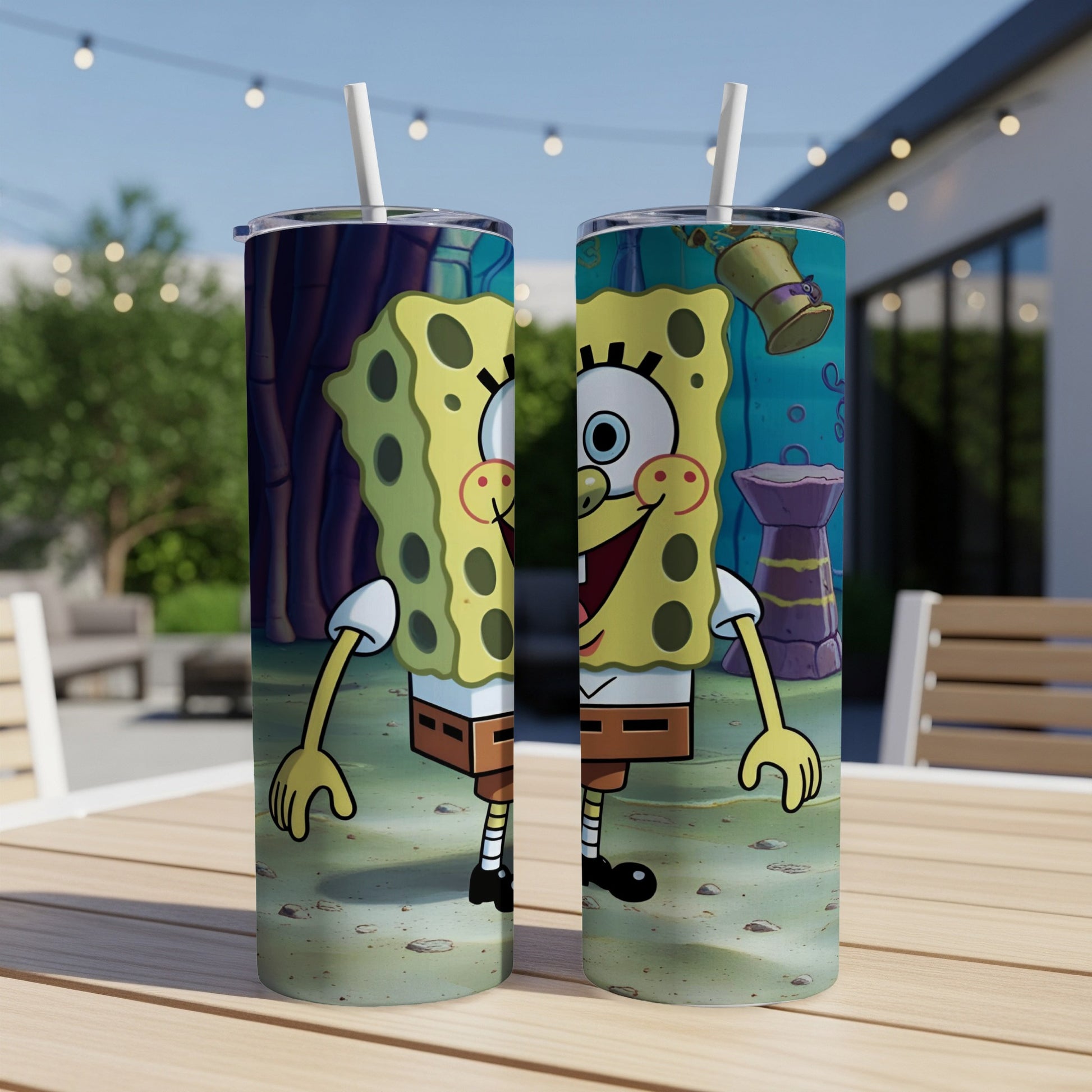 SpongeBob SquarePants cartoon character on a blue tumbler with a straw.