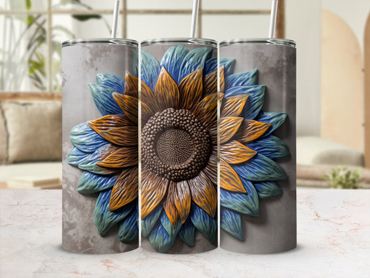 Three tumblers with a detailed sunflower design and textured background.