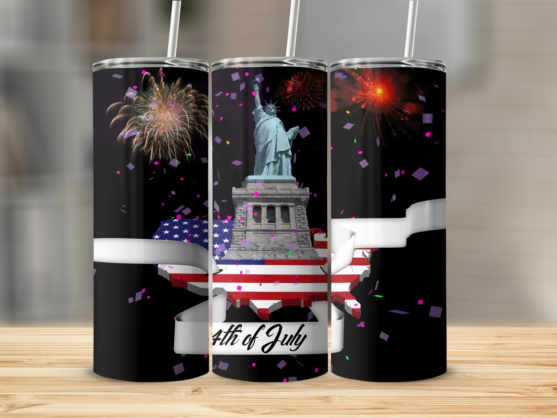 Statue of Liberty and USA map with fireworks for Fourth of July.