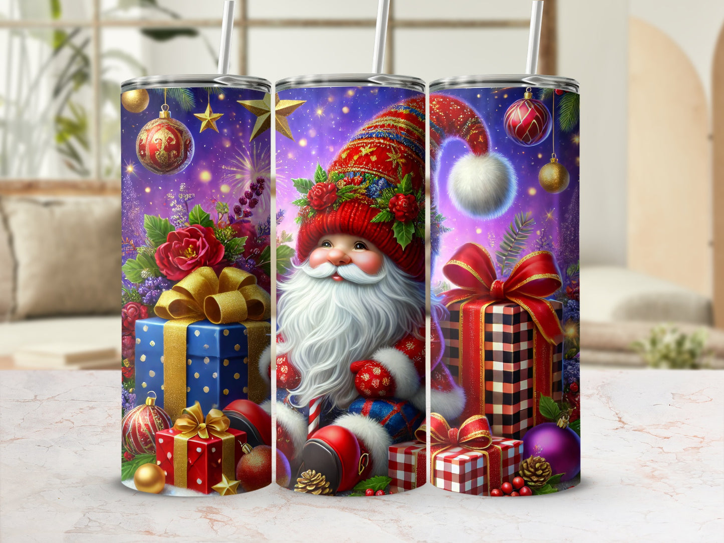 Santa Claus with gifts and starry night background on tumblers.