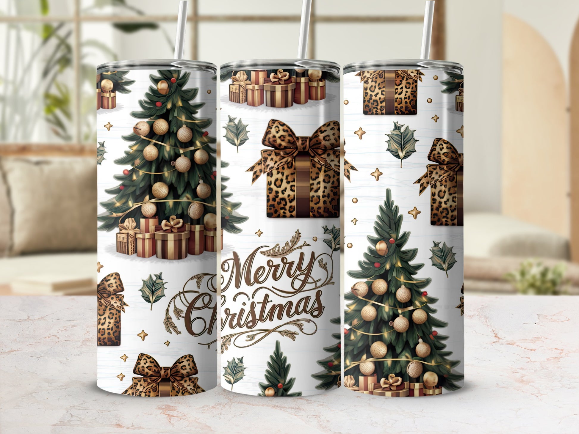 Three tumblers with Christmas trees, gifts, and "Merry Christmas" text.