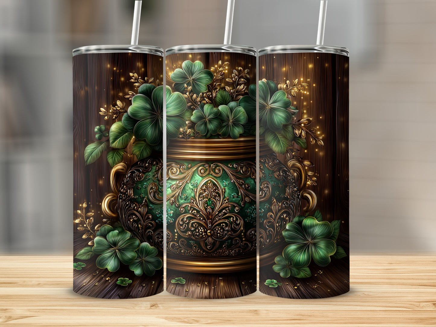 Elegant Shamrock Floral Design Tumbler with Straw