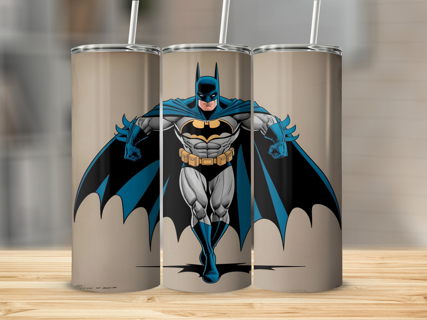 Batman in a dynamic pose, comic book style, on a tumbler.