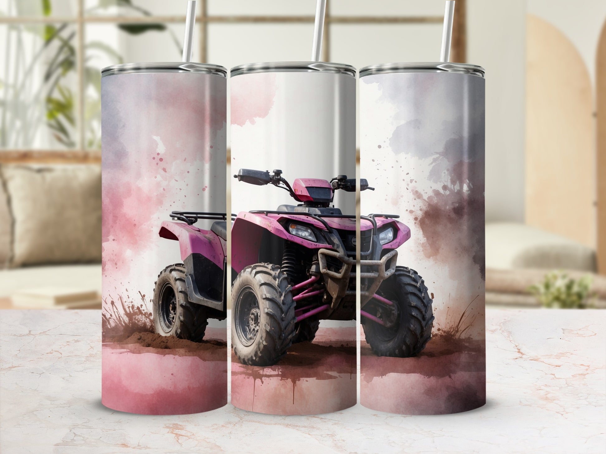 Pink ATV riding through dirt and mud.