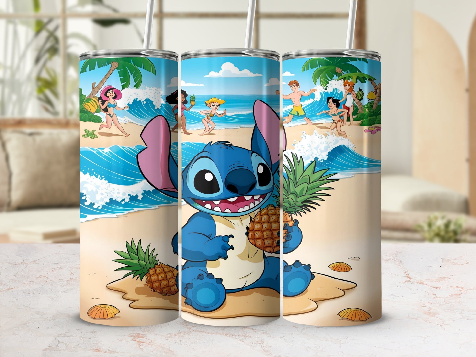 Stitch character with pineapple on beach with cartoon people playing in the ocean.