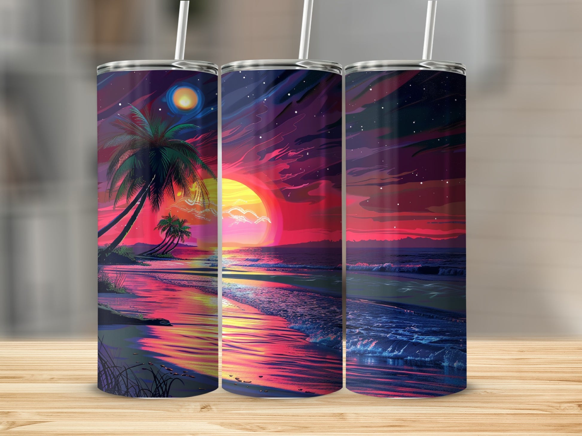 Sunset beach scene with palm trees on three tumblers.